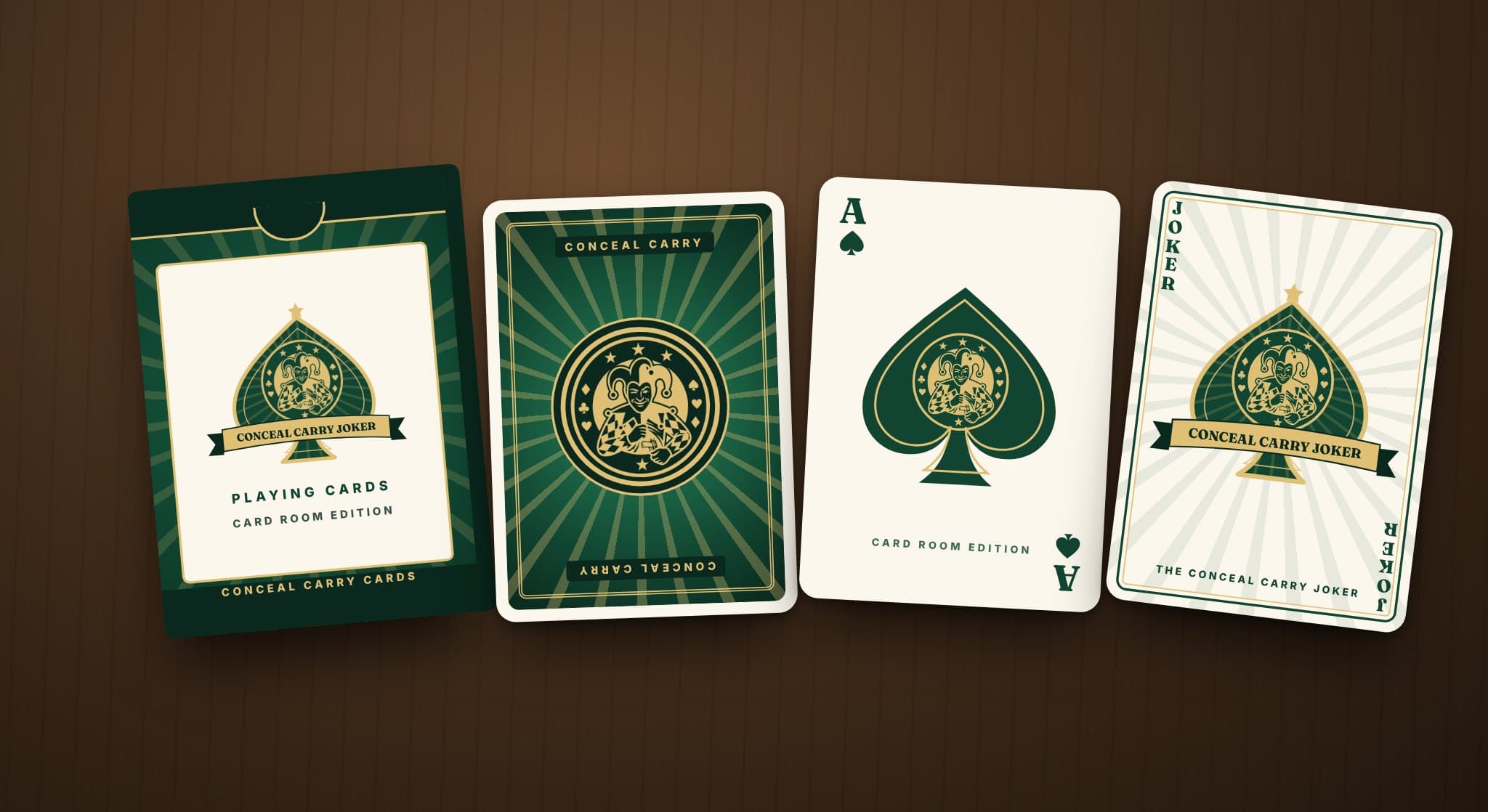 The Conceal Carry Joker Card Room Edition deck: a green tuck box, a green card back with a gold sunburst and jester medallion, the Ace of Spades and the Conceal Carry Joker card