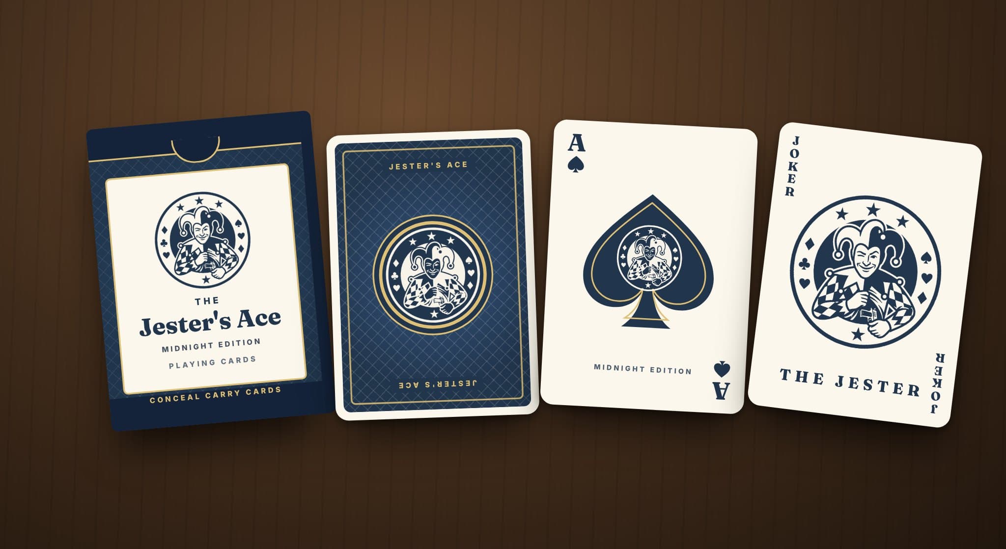 The Jester's Ace Midnight Edition deck: a navy tuck box, a navy-and-gold card back with a jester medallion, the Ace of Spades and the Jester Joker